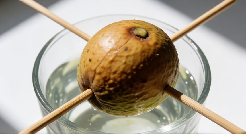 como plantar hueso de aguacate, Hueso de aguacate suspendido con palillos sobre agua para germinar