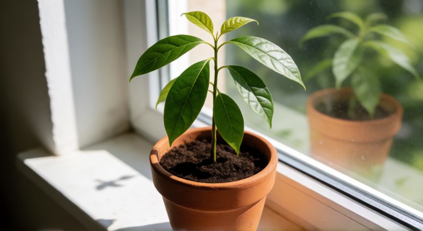 como plantar hueso de aguacate, Joven planta de aguacate en maceta de terracota junto a una ventana soleada