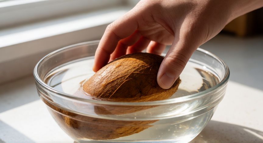 como plantar hueso de mango, Personas remojando un hueso de mango en un vaso de agua para preparar la siembra