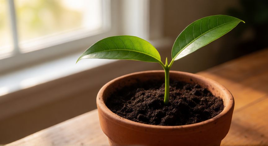 como plantar hueso de mango, Plántula joven de mango con hojas verdes brotando de una maceta con tierra húmeda