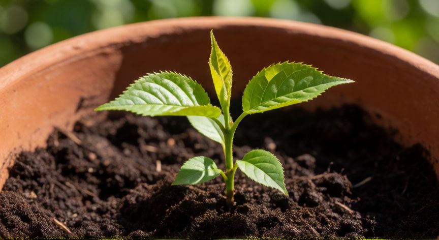 como plantar huesos de albaricoque, Brote joven de albaricoque en maceta de barro con tierra oscura