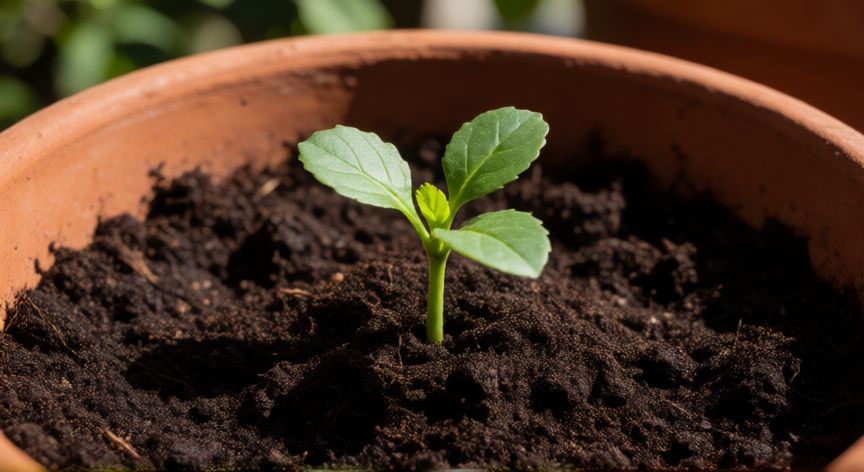 como plantar huesos de ciruela en maceta, Brote joven de ciruelo germinando en maceta de barro con sustrato oscuro