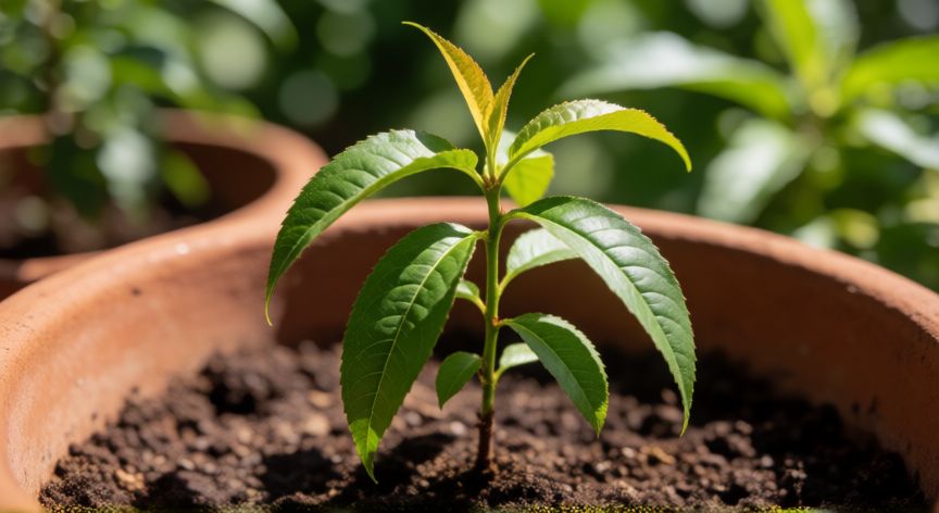 como plantar huesos de melocotón, Brote joven de melocotonero en maceta de barro