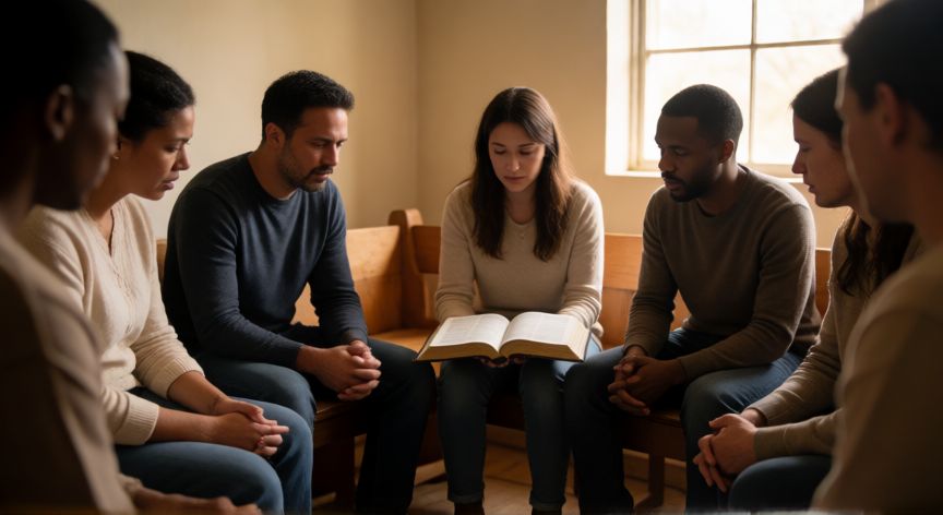 Grupo de líderes orando y estudiando la biblia en círculo