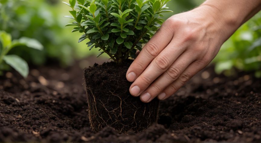 como plantar iglesias saludables, Manos plantando una pequeña planta en suelo rico con compost