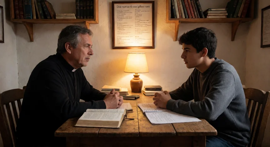 como plantar iglesias saludables, Pastor mentorando a un líder joven en una oficina eclesial con la Biblia abierta