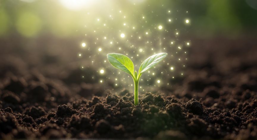 como plantar ilusiones, Semilla de ilusión germinando en la tierra con luz dorada