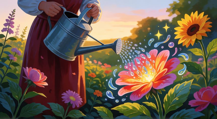 como plantar ilusiones, Persona regando una flor mágica con gotas que se convierten en estrellas
