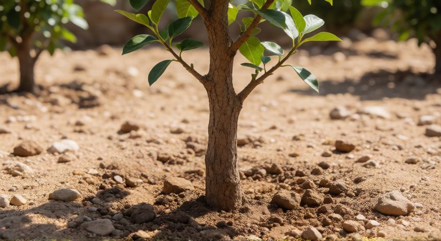 como plantar incienso, Joven árbol de incienso plantado en suelo arenoso bajo el sol