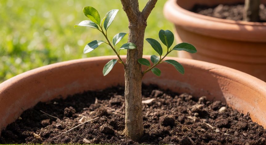 como plantar incienso en maceta, Joven árbol de incienso Boswellia plantado en maceta de terracota