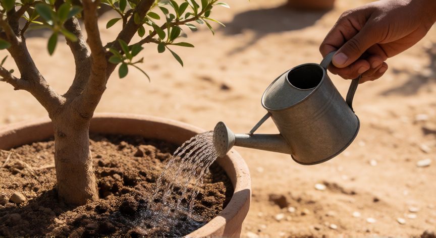 como plantar incienso en maceta, Riego cuidadoso de una maceta con árbol de incienso y sustrato arenoso