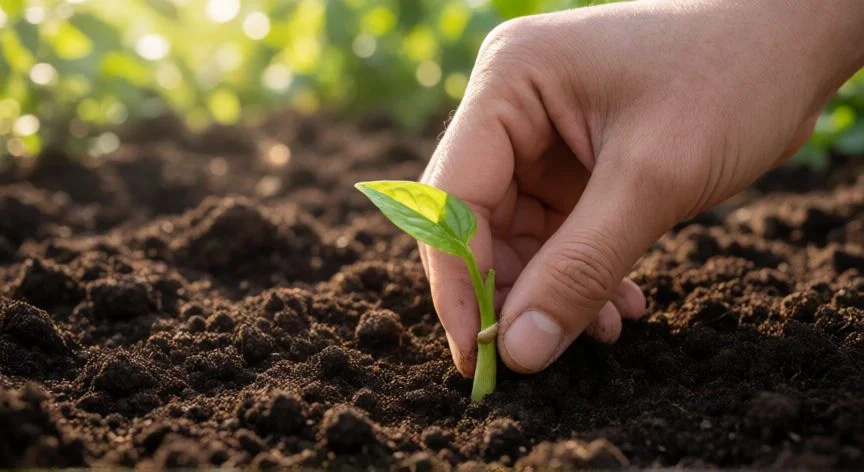 Manos plantando un brote de inhame en suelo fértil