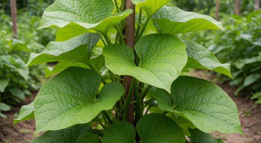 como plantar inhame, Planta de inhame trepando por un tutor de madera en un jardín
