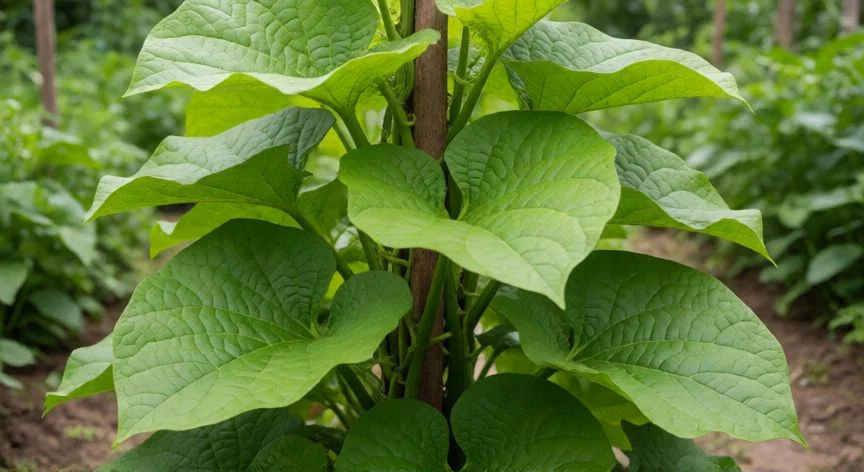 como plantar inhame, Plantação de inhame com leirões e folhas verdes sob sol