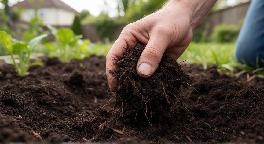 como plantar iris, Manos preparando el suelo con compost para plantar flores de iris