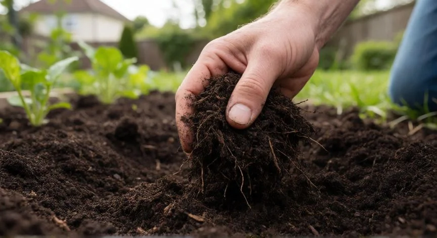 Manos plantando un rizoma de iris sobre un montículo de tierra en el jardín