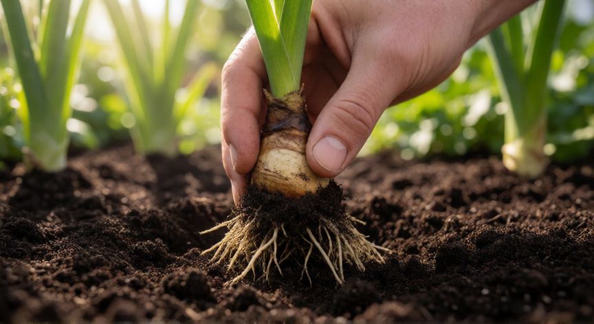 como plantar iris en el jardín, Manos plantando un rizoma de iris en la tierra del jardín