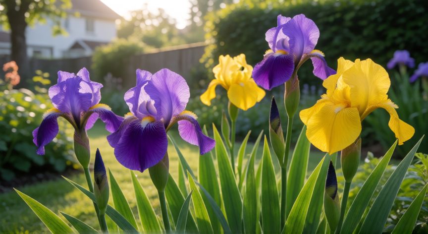 como plantar iris en el jardín, Jardín con flores de iris moradas y amarillas en floración