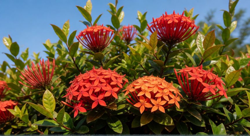 como plantar ixora, Ixora en flor con racimos de color rojo y naranja