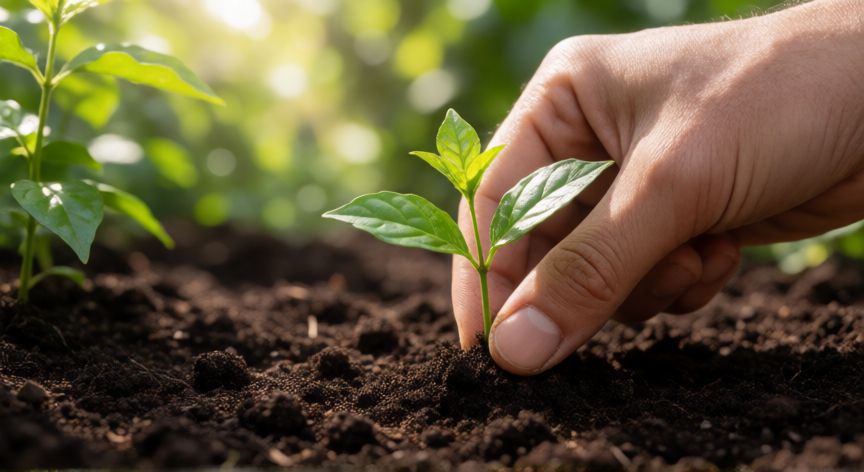 como plantar jazmin, Manos plantando una planta joven de jazmín en la tierra del jardín