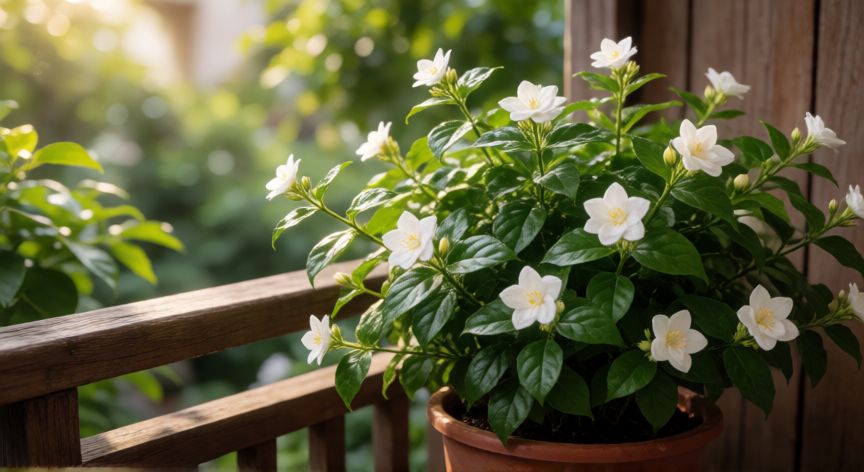 como plantar jazmin, Maceta con planta de jazmín floreciendo en una terraza soleada