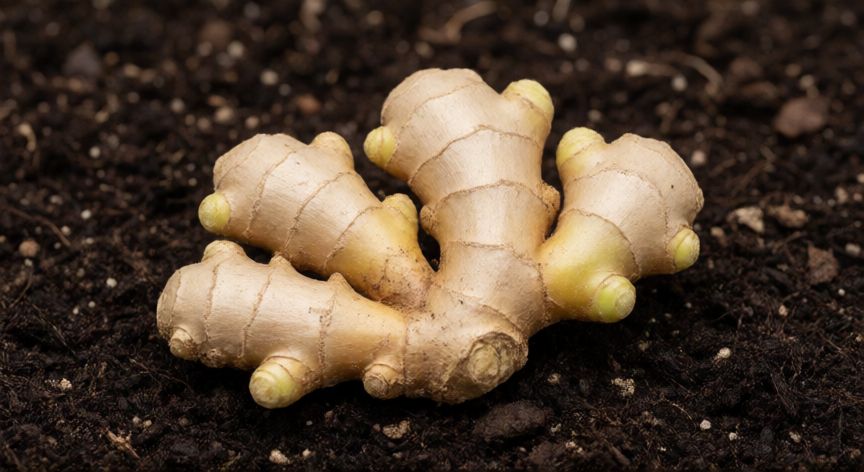 como plantar jengibre, Rizoma de jengibre fresco sobre suelo fértil listo para la plantación