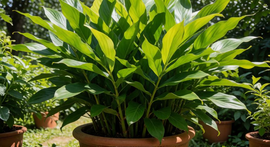 como plantar jengibre, Planta de jengibre verde y frondosa creciendo en una maceta grande
