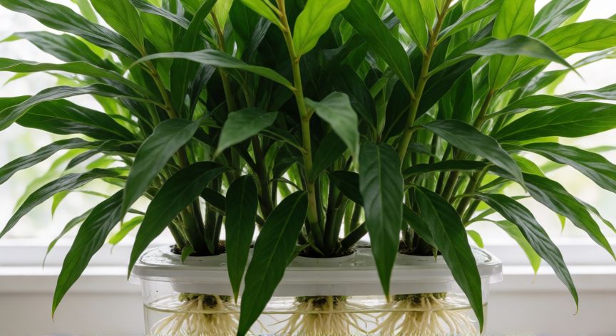 como plantar jengibre en agua, Planta de jengibre saludable con hojas verdes y raíces visibles en sistema hidropónico