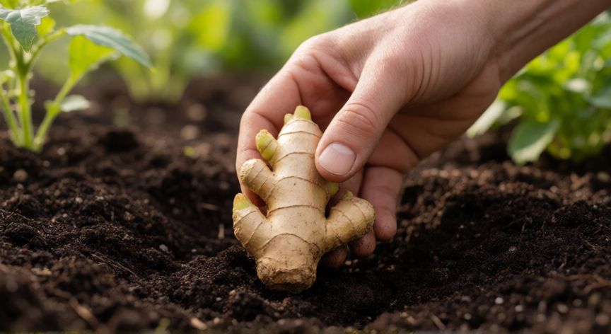 como plantar jengibre en el huerto, Manos de jardinero sujetando una raíz de jengibre fresca con brotes listos para ser plantada en tierra abonada