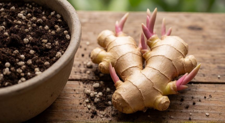 como plantar jengibre en maceta, Trozos de jengibre con brotes listos para plantar en maceta
