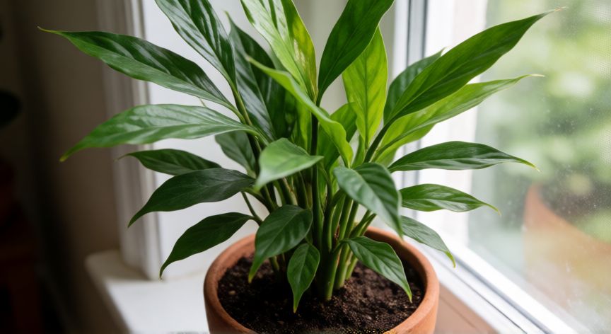 como plantar jengibre en maceta, Planta de jengibre saludable creciendo en una maceta de terracota