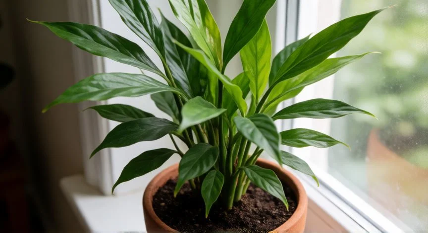 como plantar jengibre en maceta, Planta de jengibre frondosa en maceta ancha junto a una ventana luminosa, hojas verdes y tallos erguidos.
