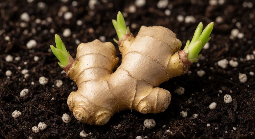 como plantar jengibre en tierra, Raíz de jengibre con brotes verdes sobre suelo fértil y oscuro