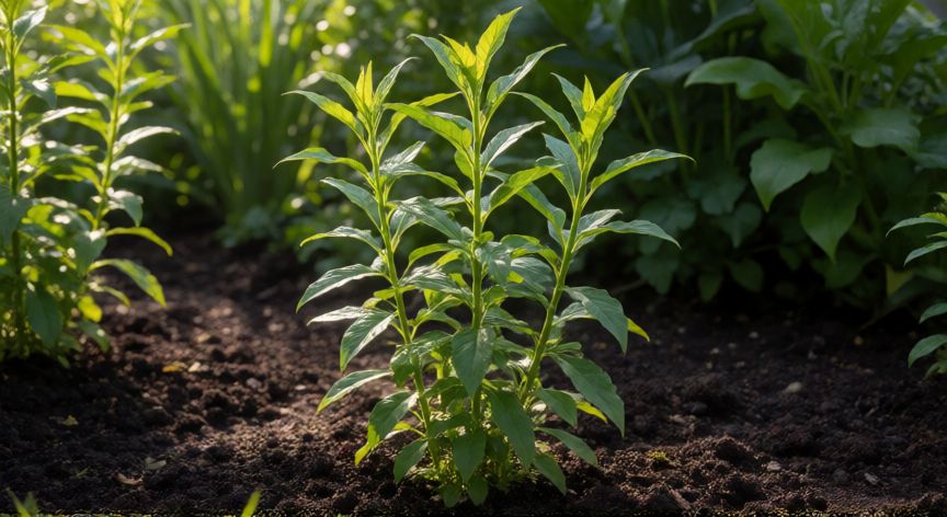 como plantar jengibre en tierra, Planta joven de jengibre con tallos verdes en un huerto soleado