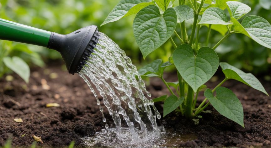 como plantar judias, Riego cuidadoso en la base de una planta de judía en el jardín