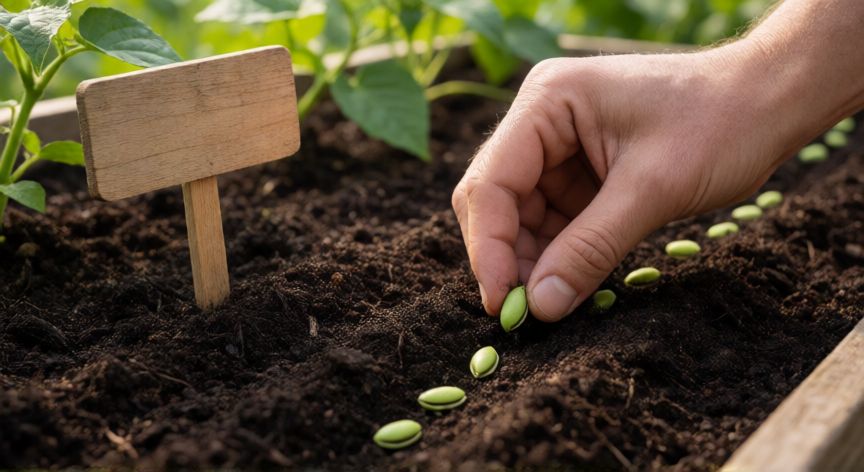 como plantar judias verdes, Manos sembrando semillas de judía verde en tierra rica en nutrientes