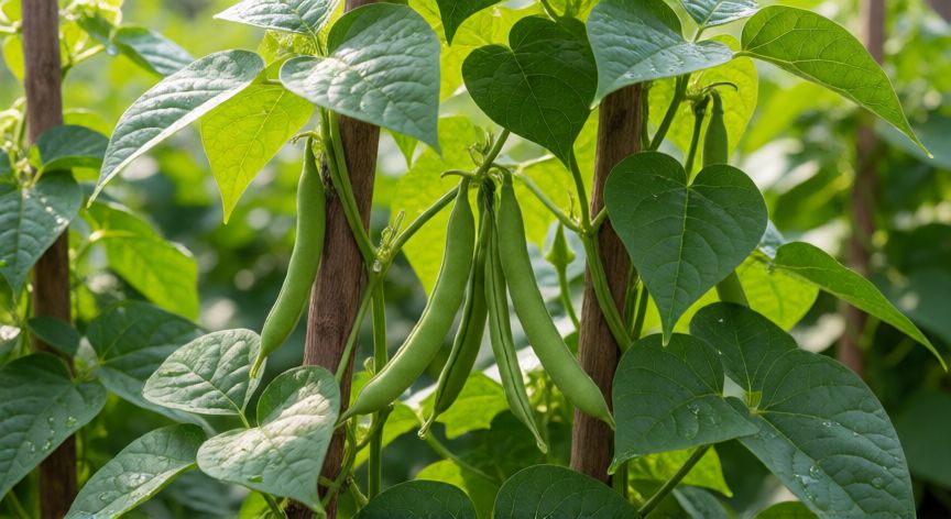 como plantar judias verdes, Planta de judía verde trepadora con vainas jóvenes en un soporte de madera