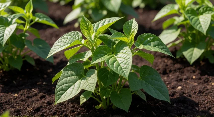 Plantas de judía verde de mata baja creciendo en la huerta