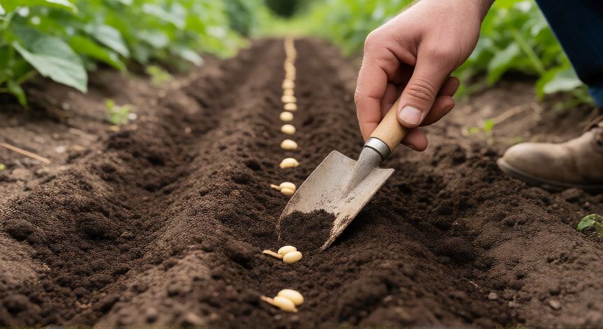como plantar judias verdes de mata baja, Manos plantando semillas de judía en la tierra preparada