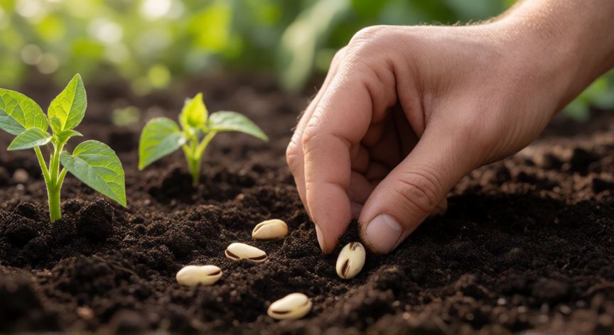 como plantar judias verdes en huerto, Plantando semillas de judía verde en la tierra del huerto