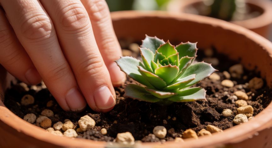 como plantar kalanchoe, Manos plantando una Kalanchoe en maceta de barro con sustrato para cactus