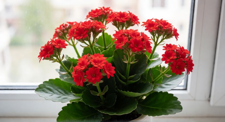 como plantar kalanchoe, Planta de Kalanchoe con flores rojas cerca de una ventana con luz natural