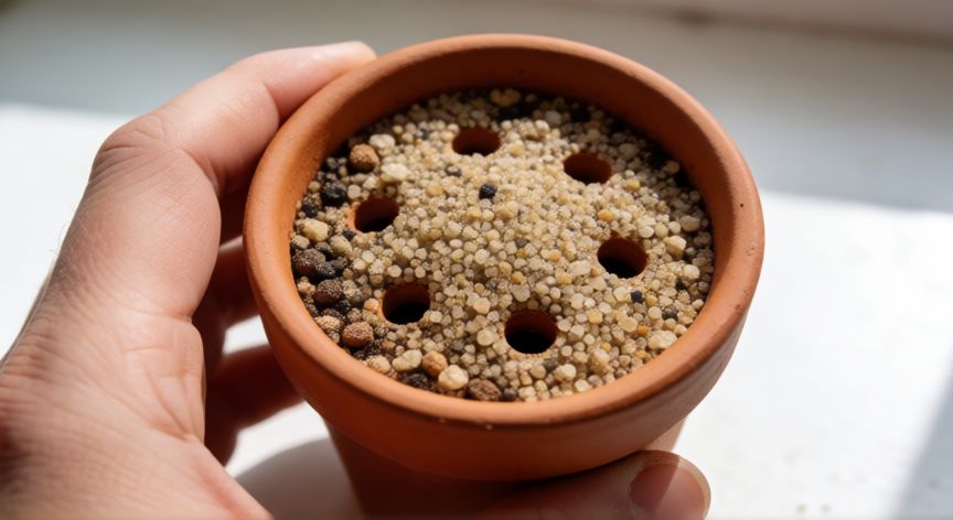 como plantar kalanchoe en maceta, Maceta de terracota con sustrato drenante listo para plantar kalanchoe
