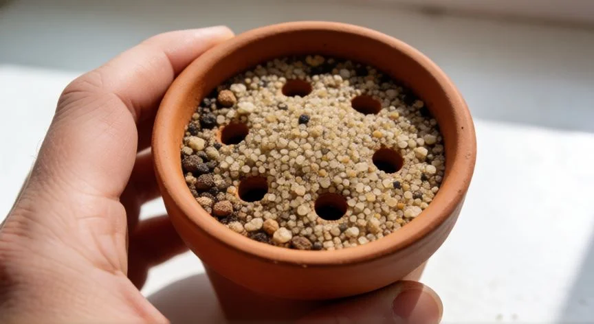 Esqueje de kalanchoe en maceta de barro con bolsa de plástico para enraizar