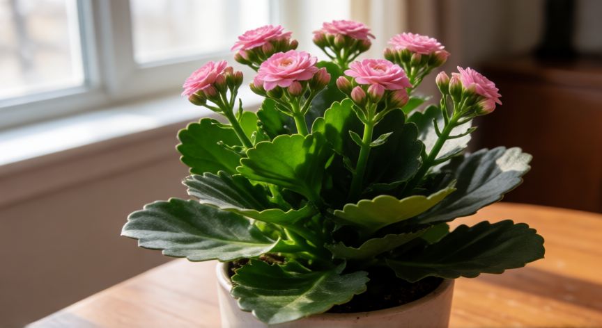 como plantar kalanchoe en maceta, Planta de kalanchoe recién trasplantada en maceta recibiendo luz indirecta
