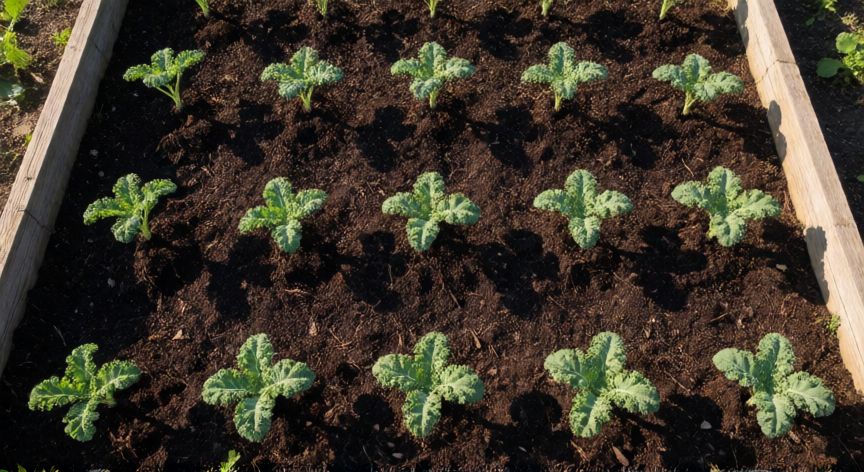 como plantar kale, Semilleros de kale en un huerto casero con suelo rico en nutrientes