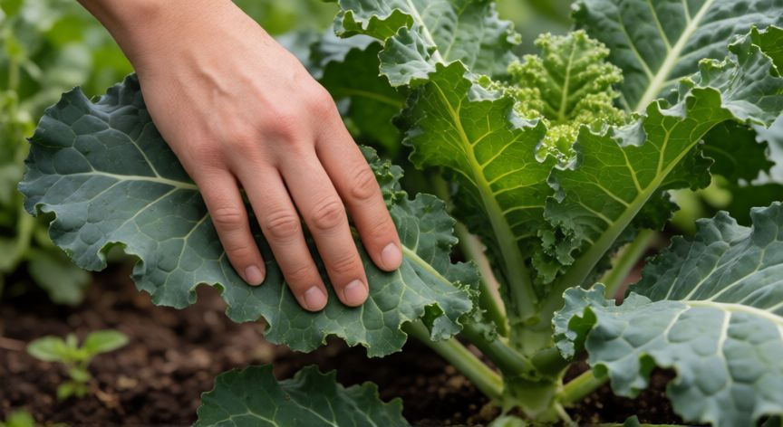 como plantar kale, Cosecha manual de hojas de kale maduras en un jardín