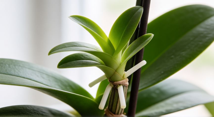 como plantar keikis de orquideas, Keiki de orquídea Phalaenopsis creciendo en el tallo principal con raíces visibles