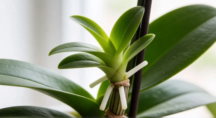 Keiki de orquídea Phalaenopsis creciendo en el tallo principal con raíces visibles