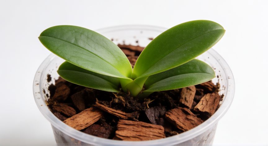 como plantar keikis de orquideas, Joven keiki de orquídea recién plantado en maceta transparente con sustrato de corteza